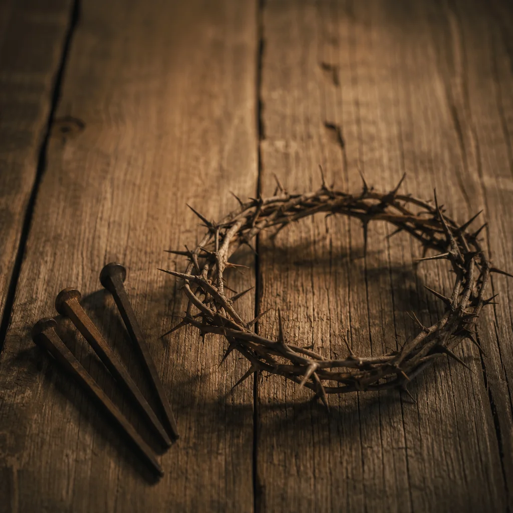 Crown of Thorns and Nails on Weathered Wood