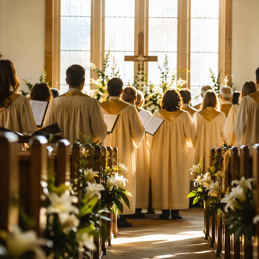 Joyful Easter Choir in Country Church