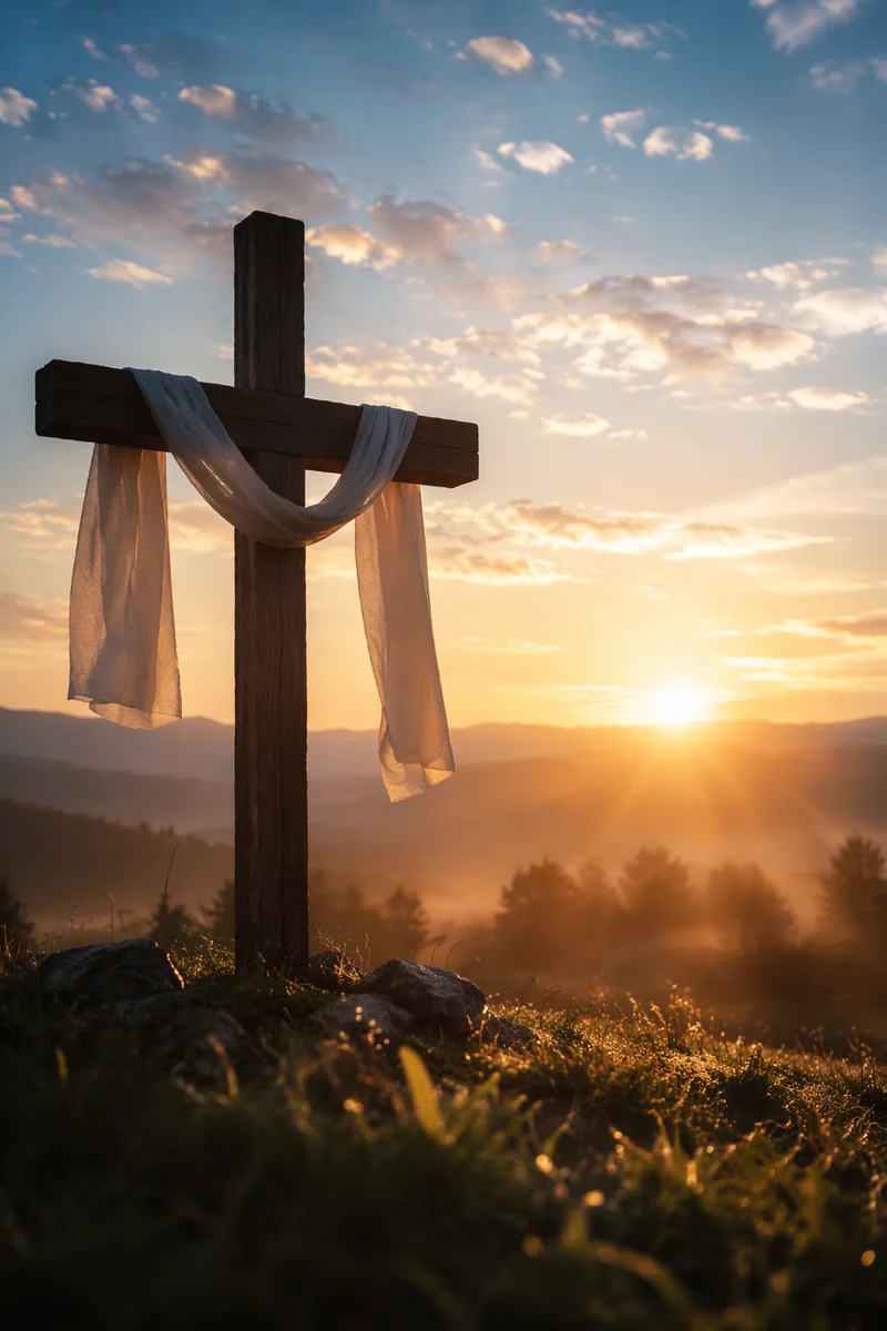 Easter Cross at Sunrise with White Cloth