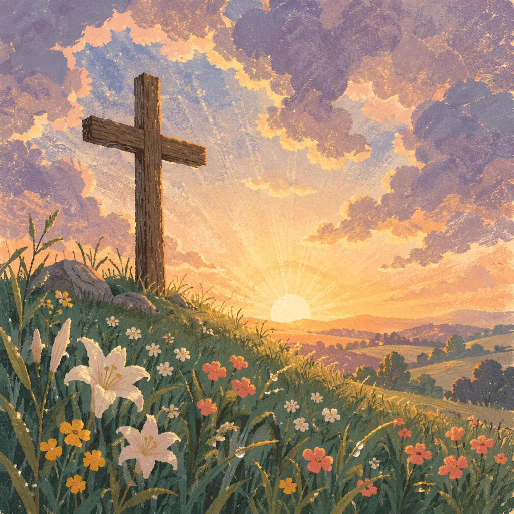 Easter Cross Sunrise Over Spring Hillside