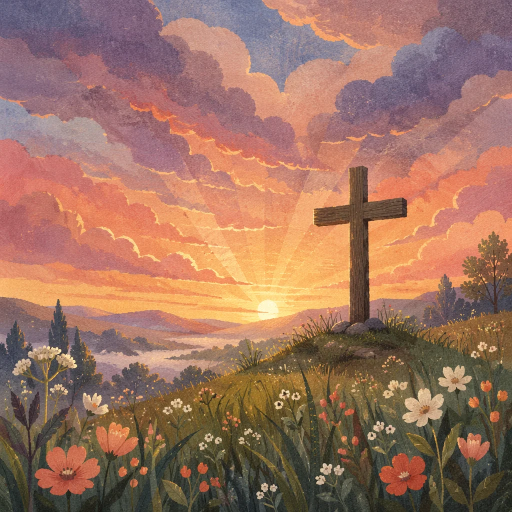 Easter Cross Sunrise Over Spring Meadow