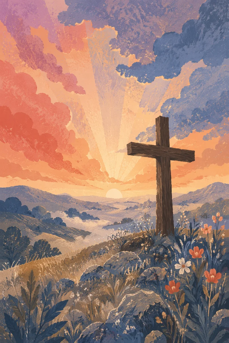 Easter Cross Sunrise Over Peaceful Hillside