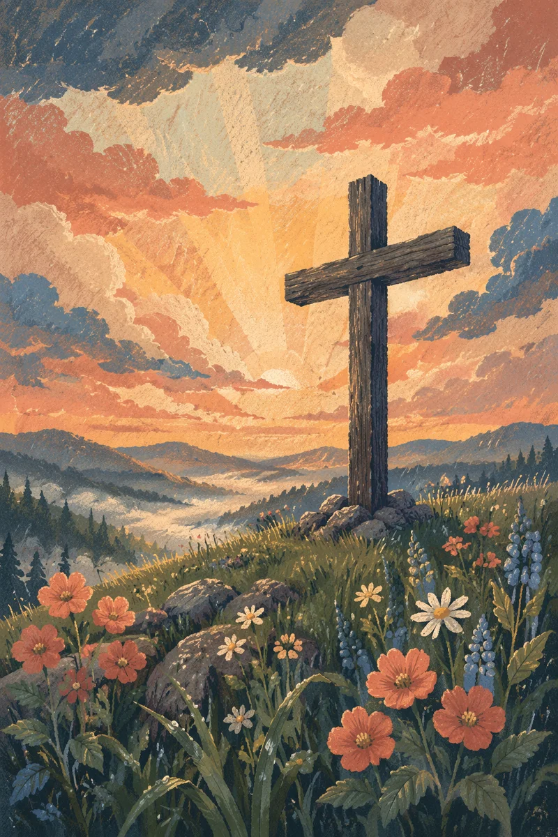 Easter Cross Sunrise Over Misty Hillside