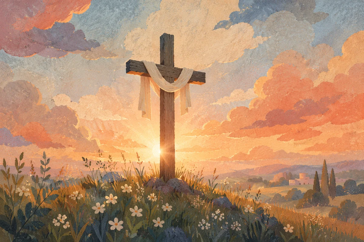 Weathered Easter Cross at Dramatic Sunrise