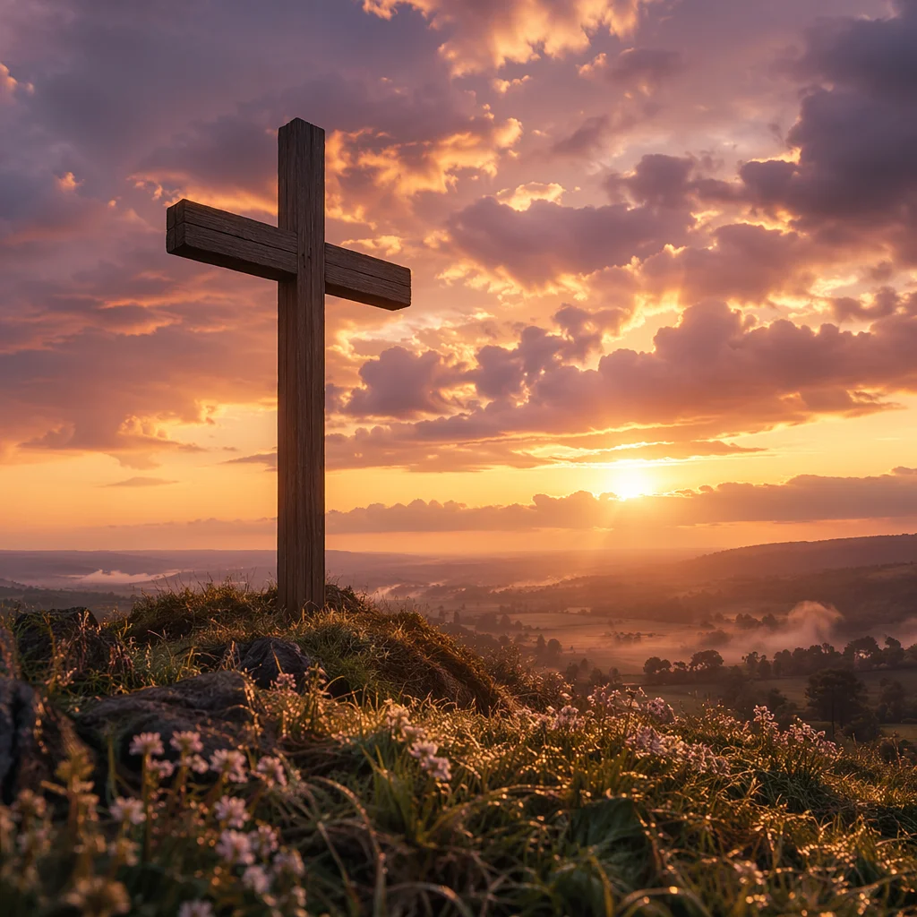 Easter Cross Sunrise Over Misty Hilltop