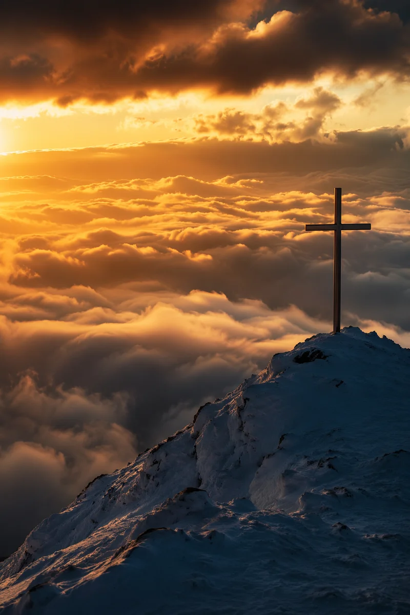Easter Cross Sunrise Over Snowy Mountain Clouds
