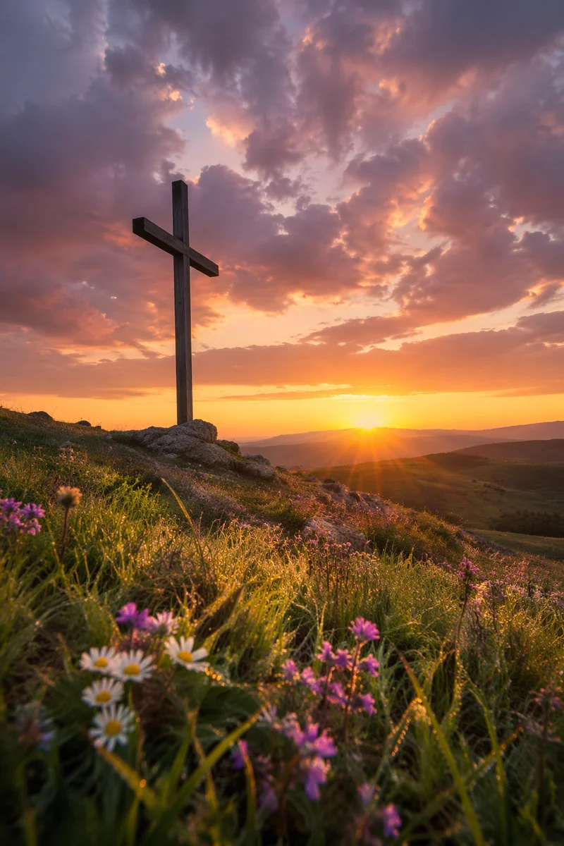 Easter Cross at Sunrise on Grassy Hill