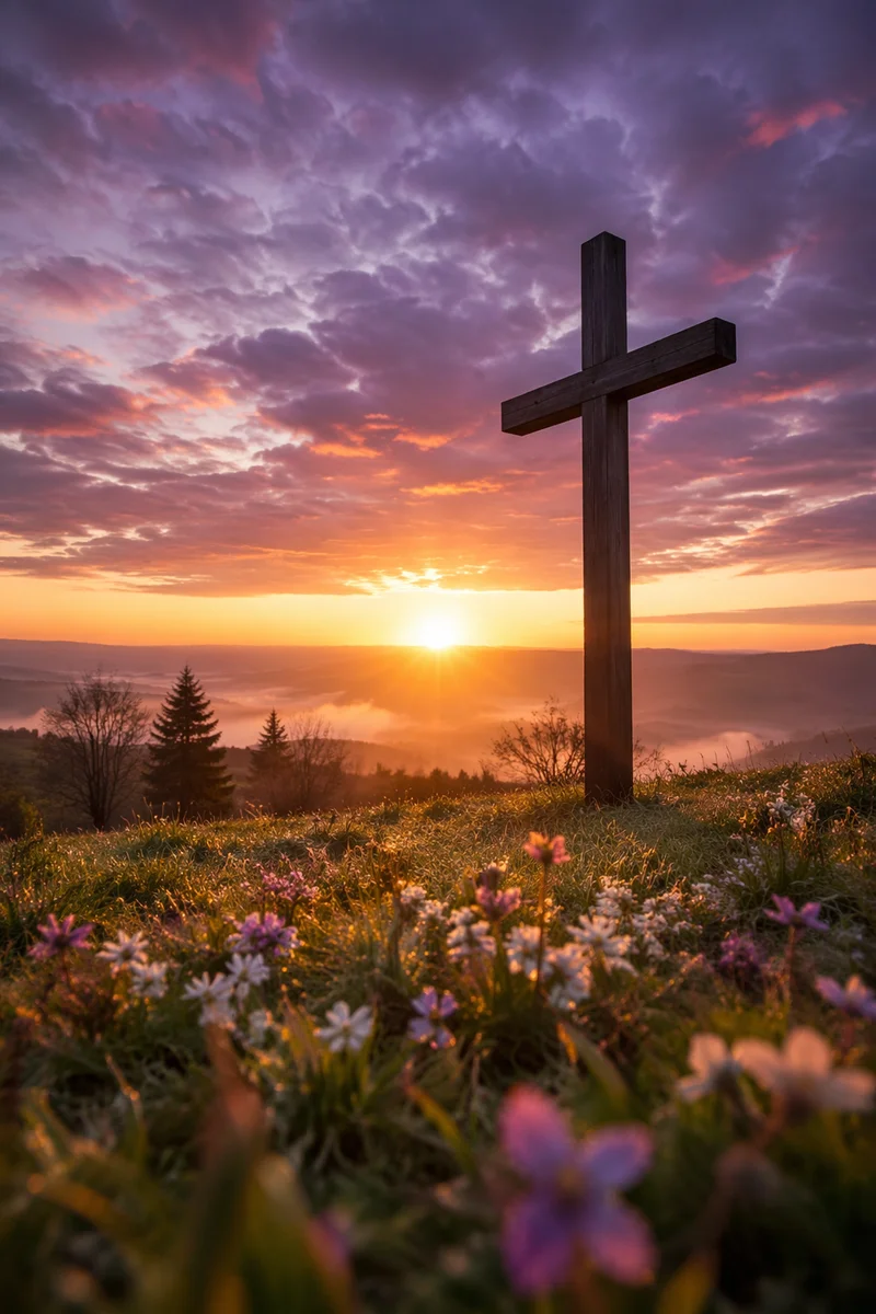 Easter Cross Sunrise Over Spring Meadow