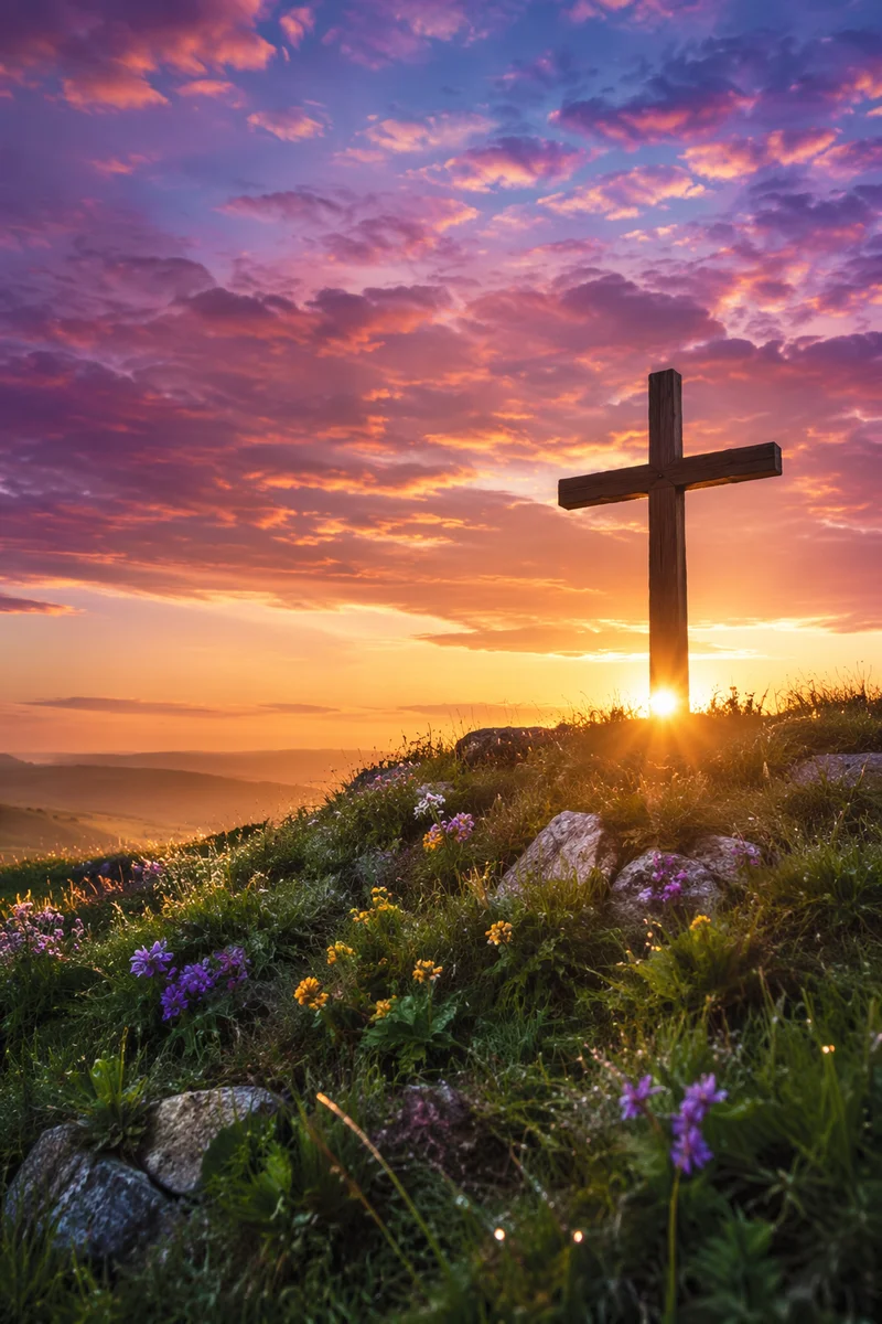 Easter Sunrise Cross on Grassy Hill