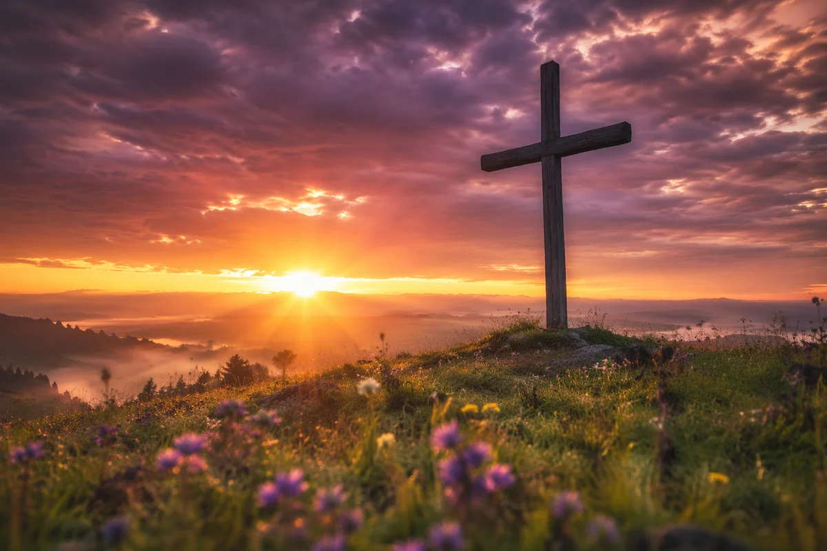 Easter Cross Sunrise Over Spring Meadow