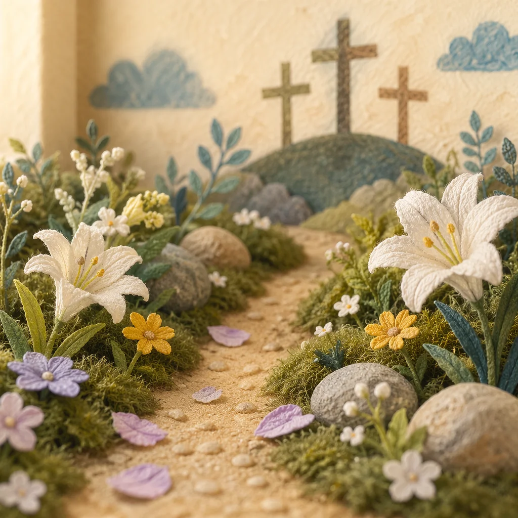 Easter Garden Path With Lilies and Crosses