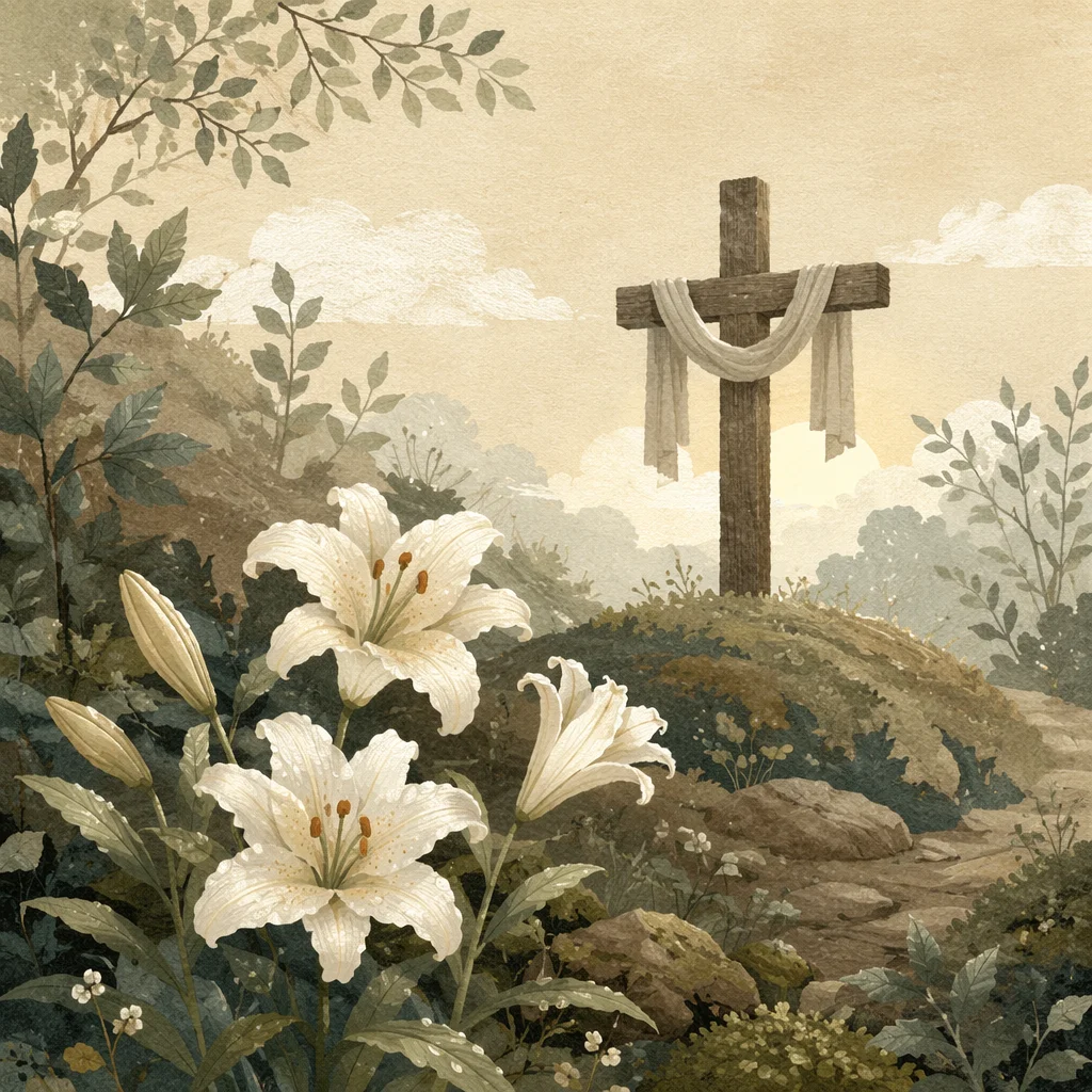 Easter Garden Lilies by Wooden Cross