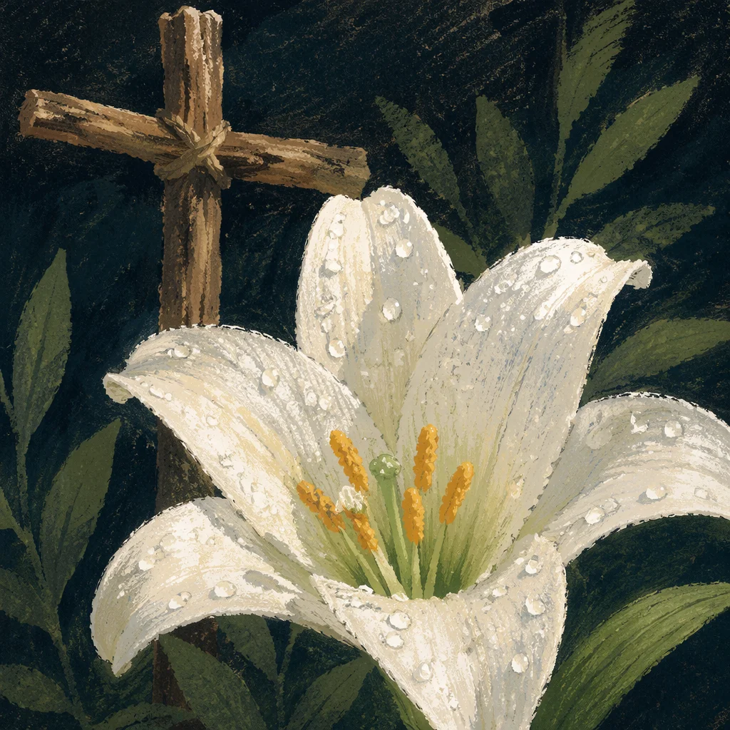 Dewy Easter Lily Before Wooden Cross