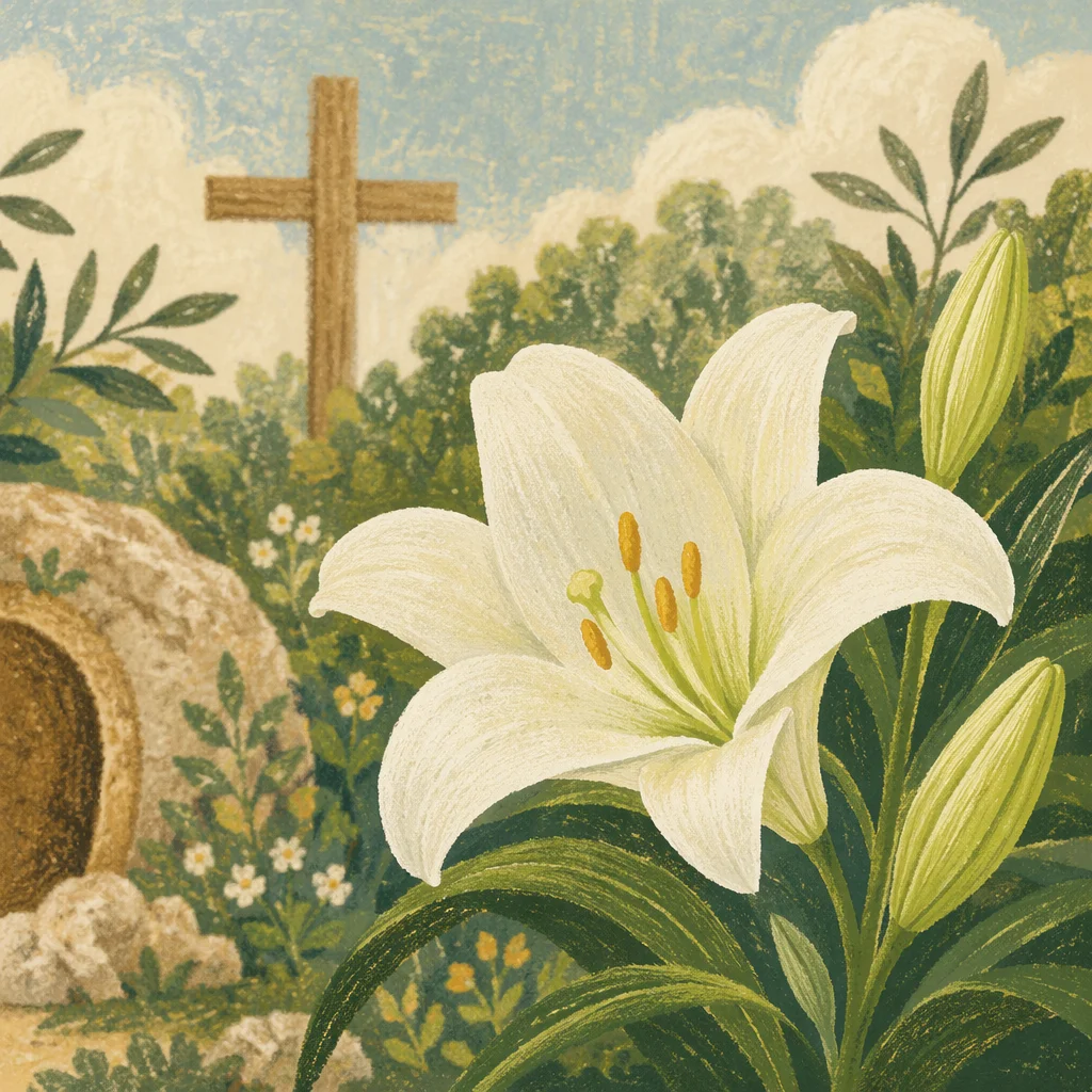 Easter Lily Garden With Wooden Cross