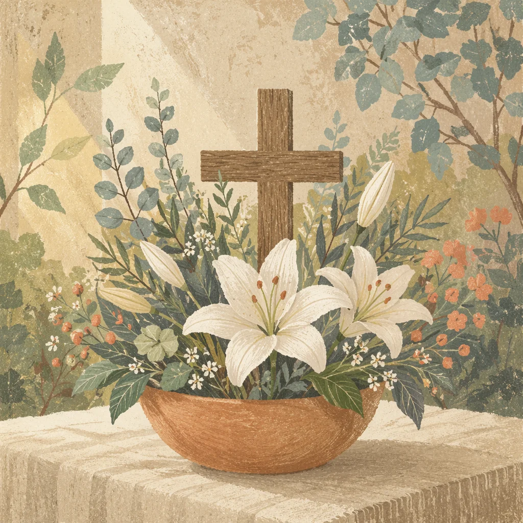 Easter Garden Lilies With Wooden Cross