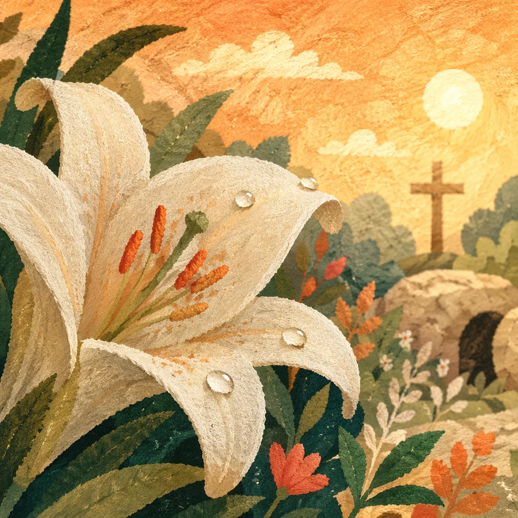 Easter Lily Garden with Wooden Cross