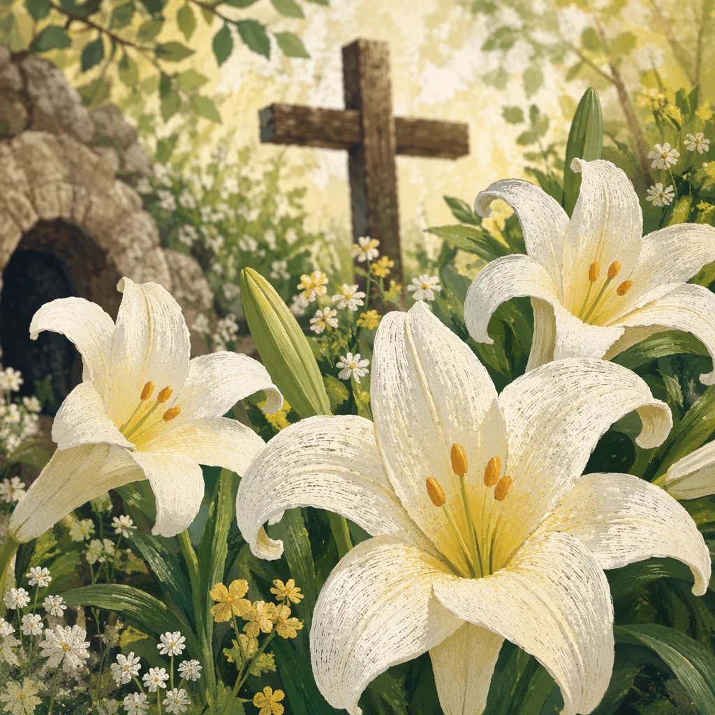 Easter Garden Lilies and Wooden Cross