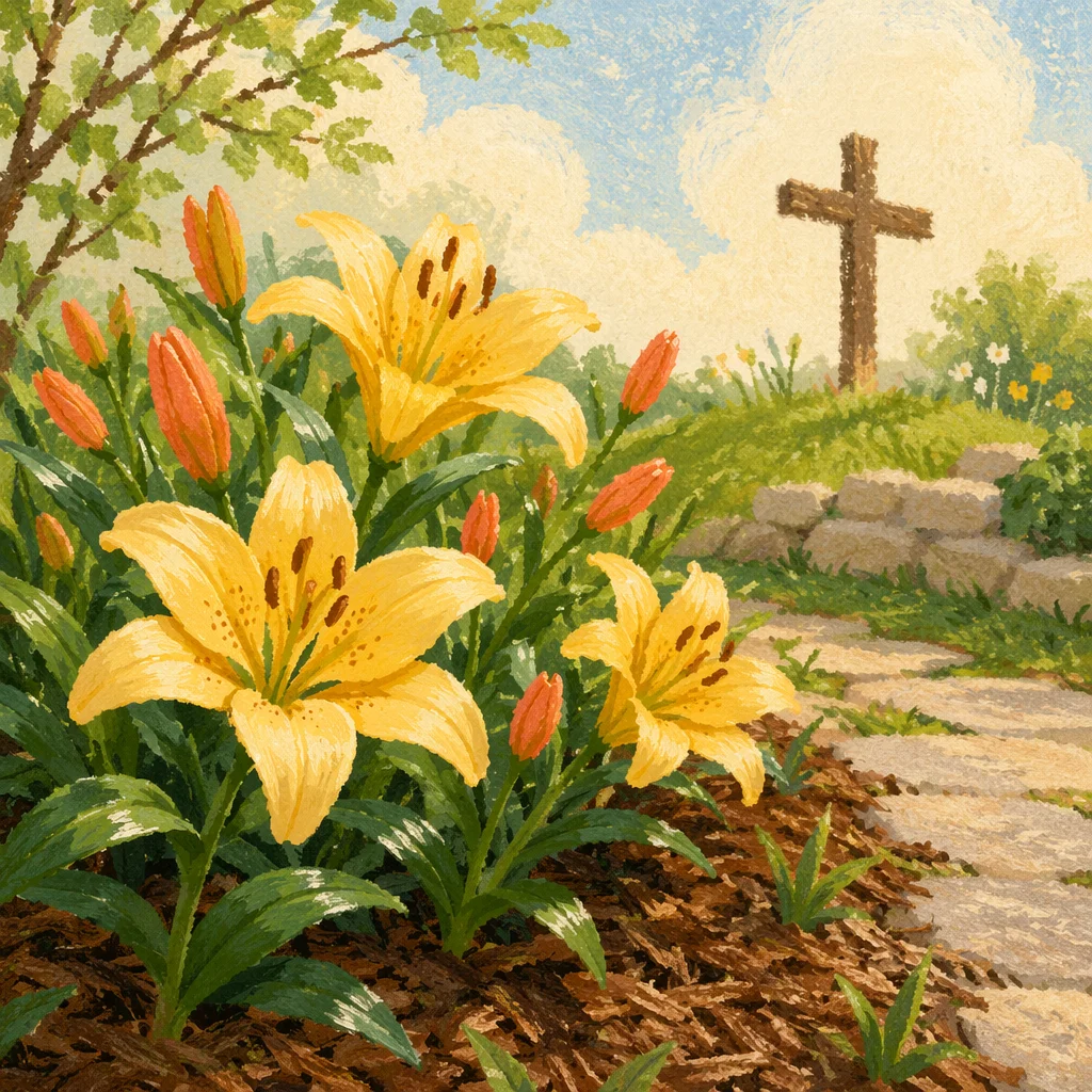 Easter Garden Lilies with Wooden Cross