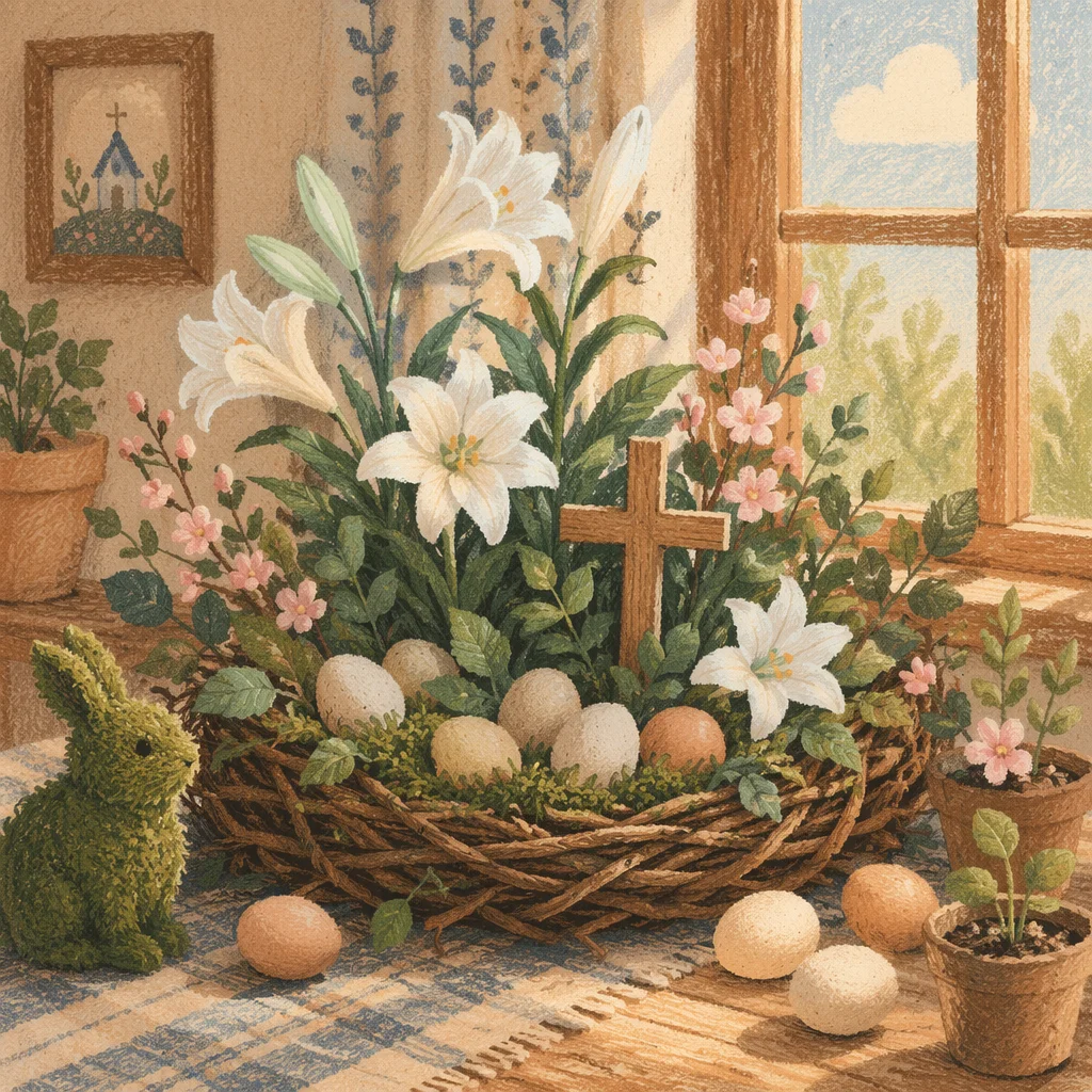 Easter Garden with Lilies and Wooden Cross