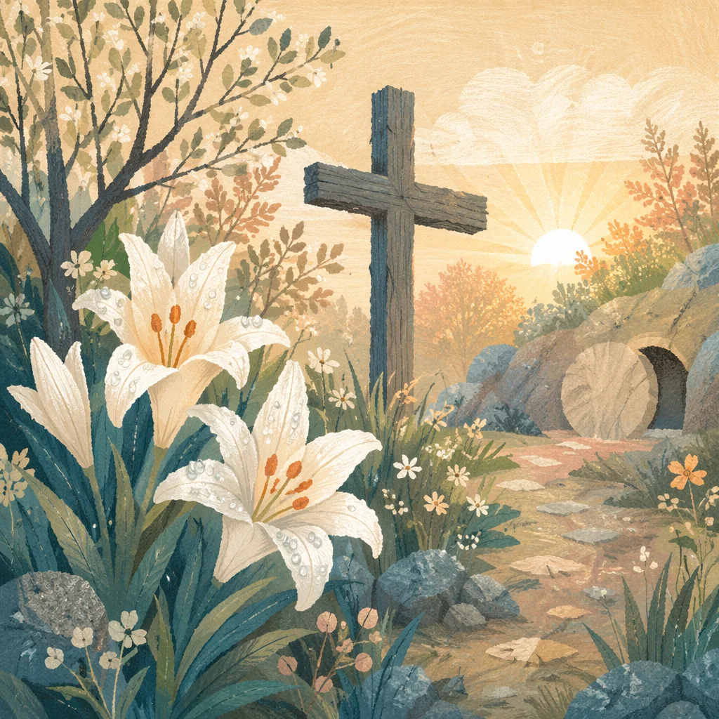 Easter Garden Lilies Beside Wooden Cross