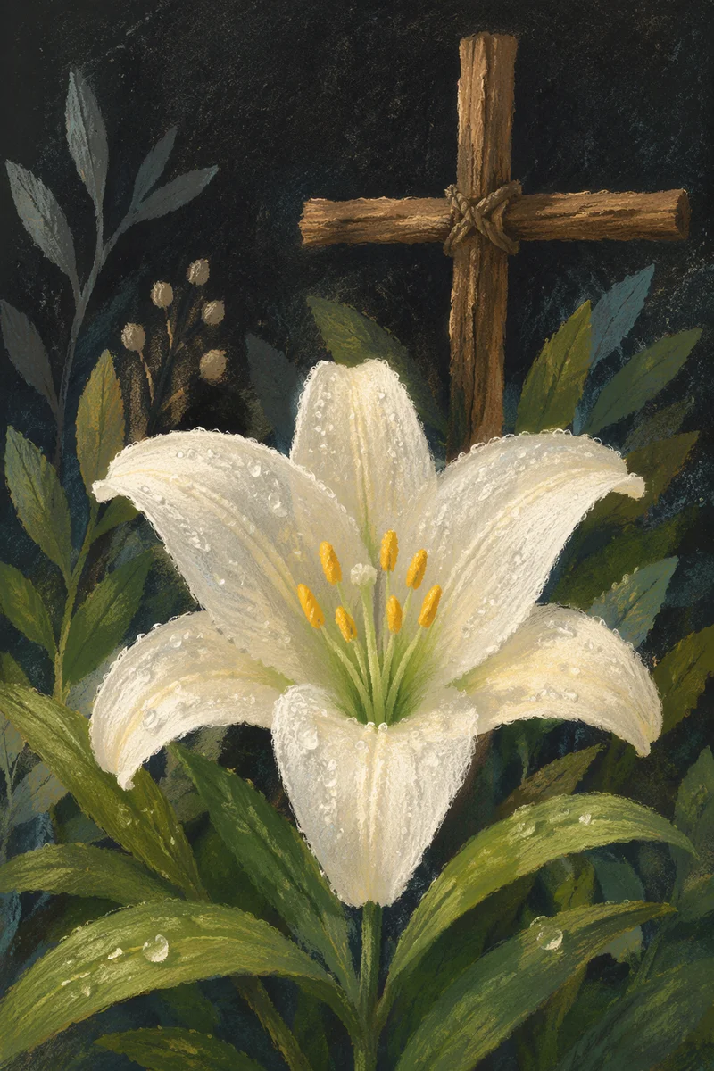 Dewy Easter Lily with Wooden Cross