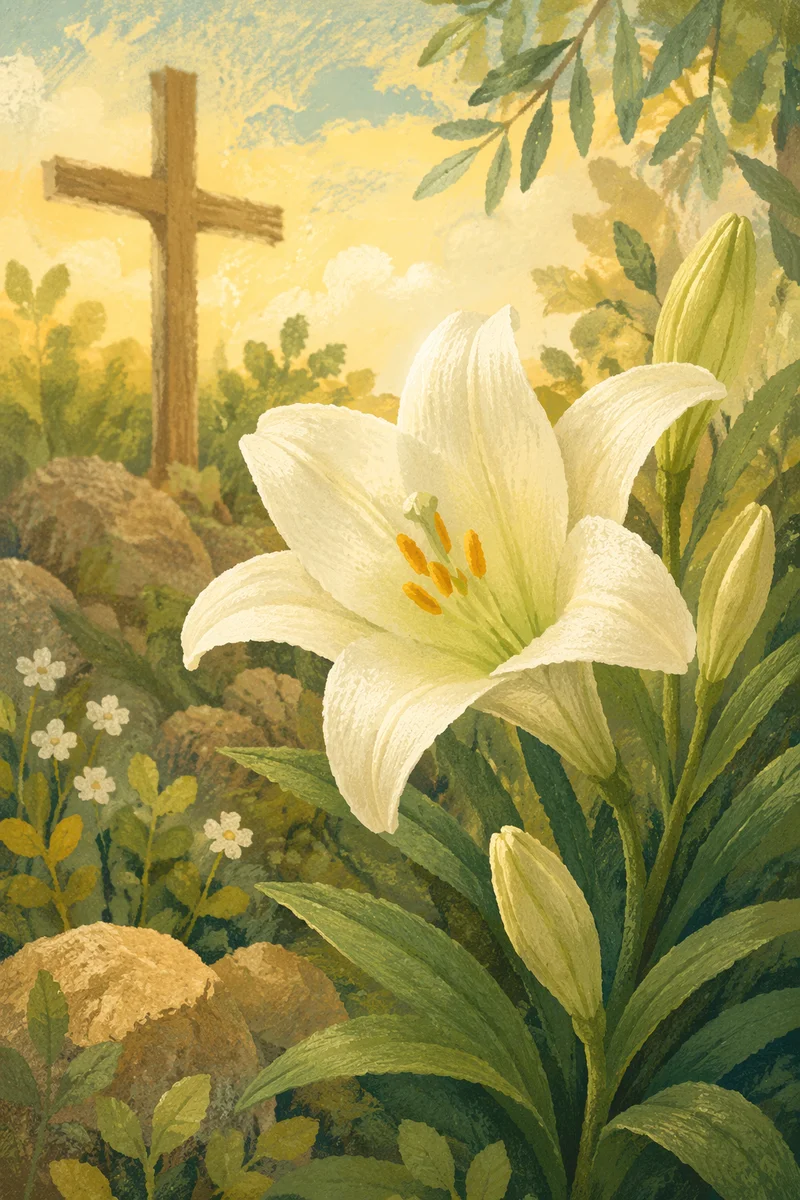 Easter Lily Garden With Wooden Cross