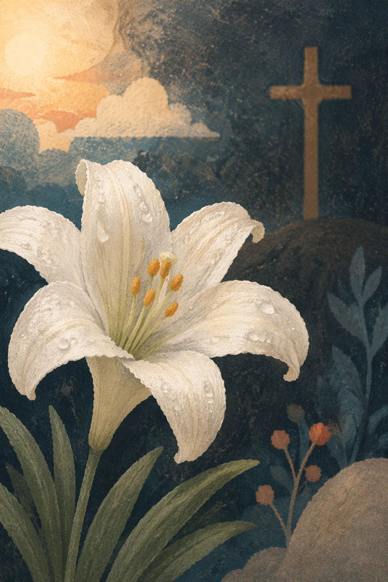 Dewy Easter Lily with Wooden Cross