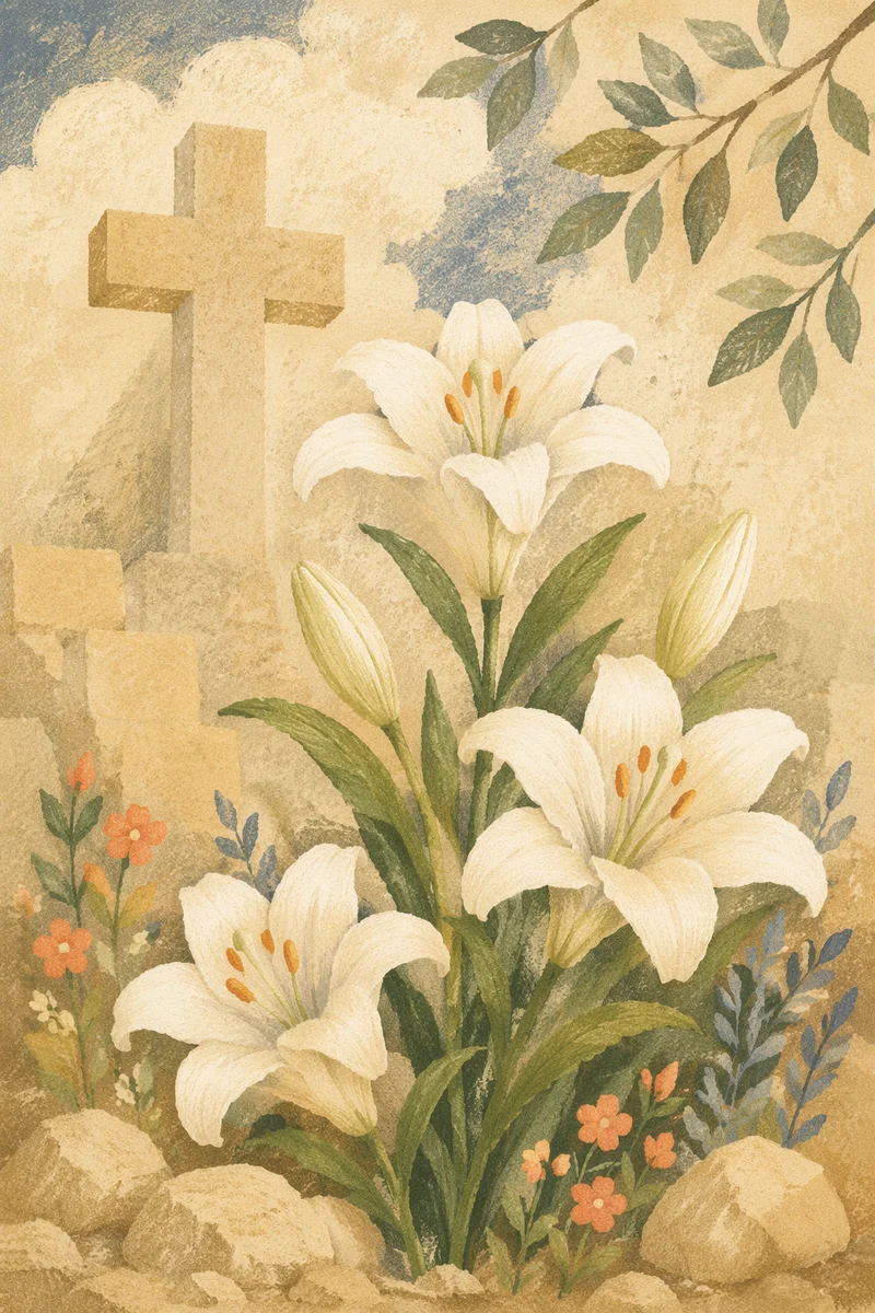 Easter Garden Lilies with Wooden Cross