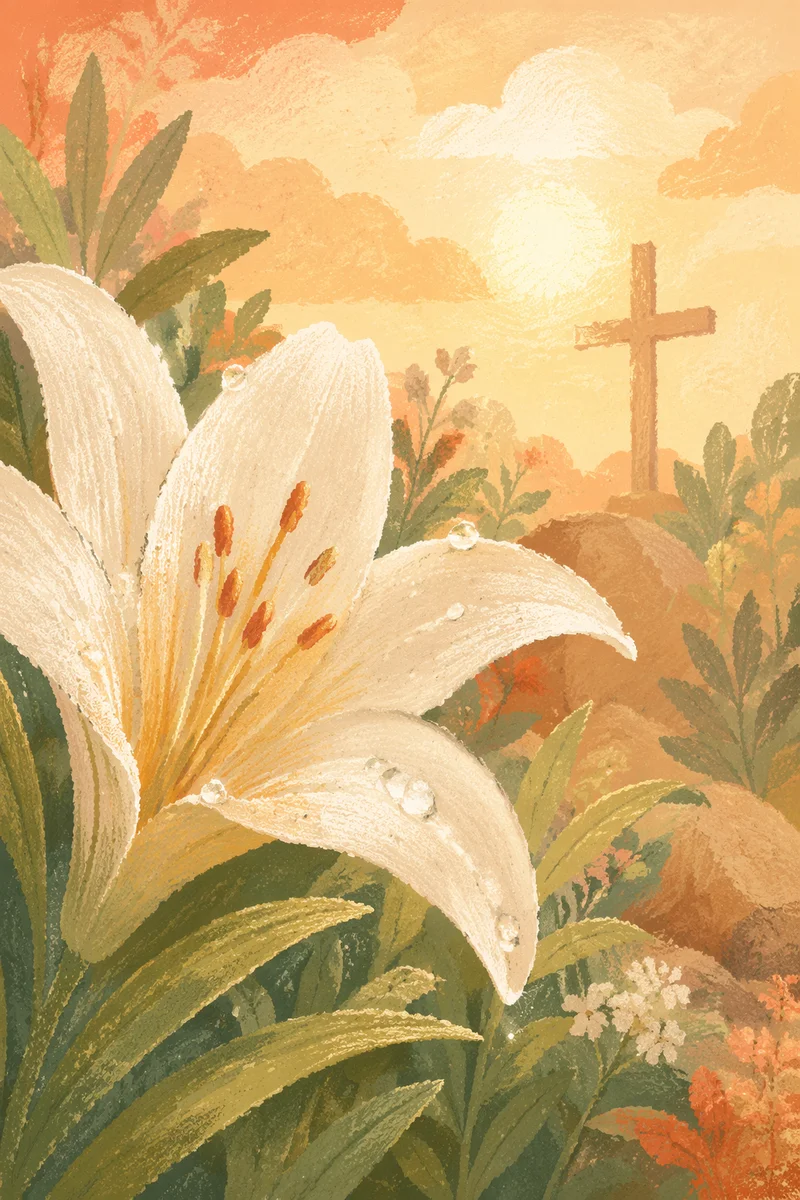 Dewy Easter Lilies with Distant Cross