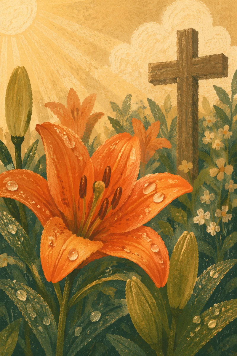 Dewy Easter Lily Garden With Wooden Cross