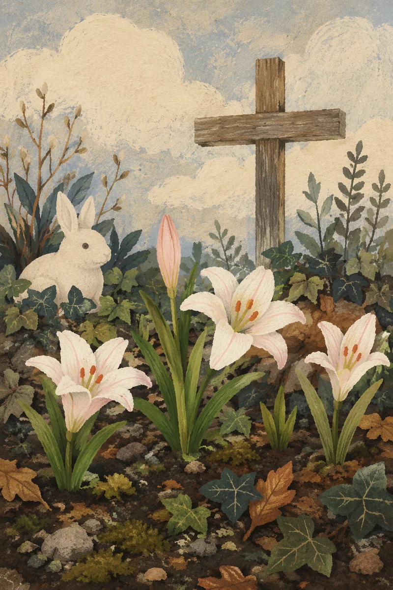 Easter Garden Lilies and Wooden Cross