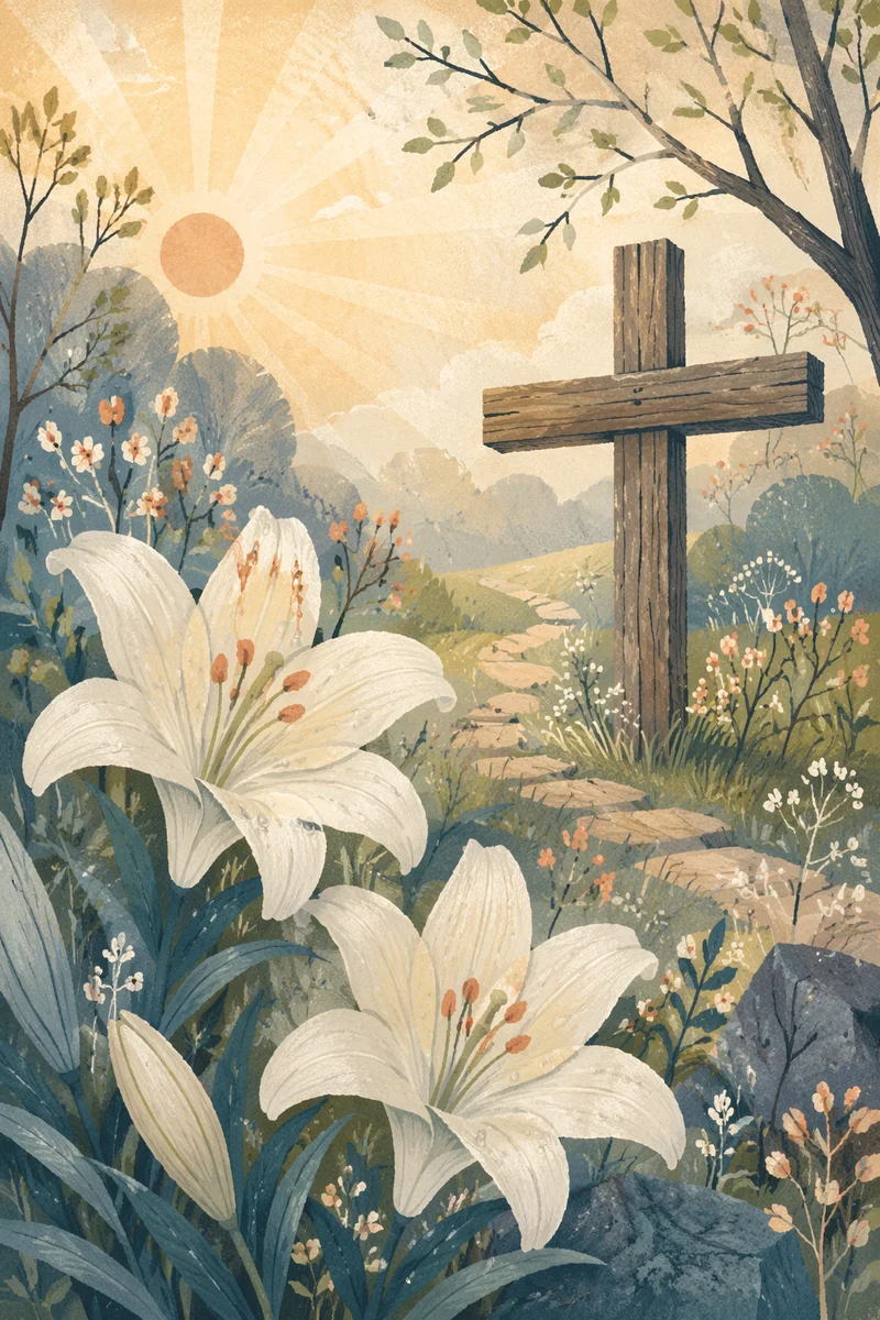 Easter Garden Lilies Beside Wooden Cross