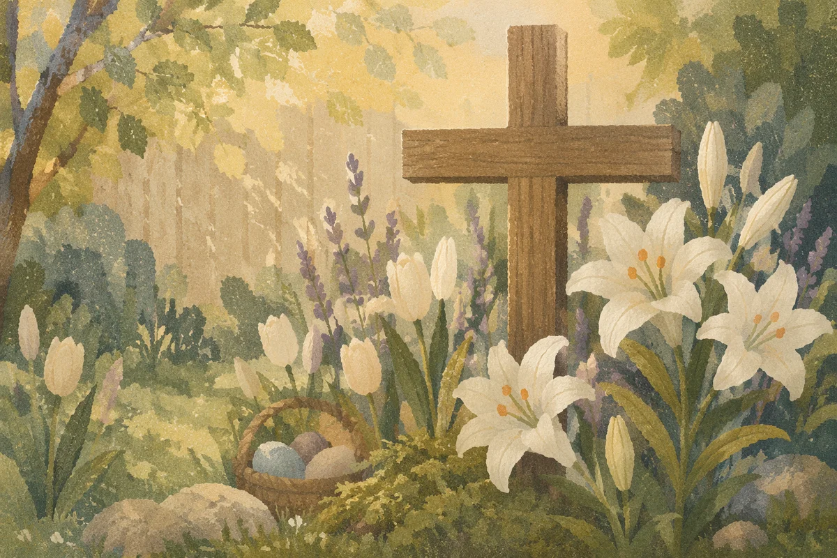 Easter Garden Sunrise with Lilies and Cross