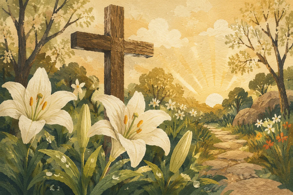 Easter Garden Lilies with Wooden Cross