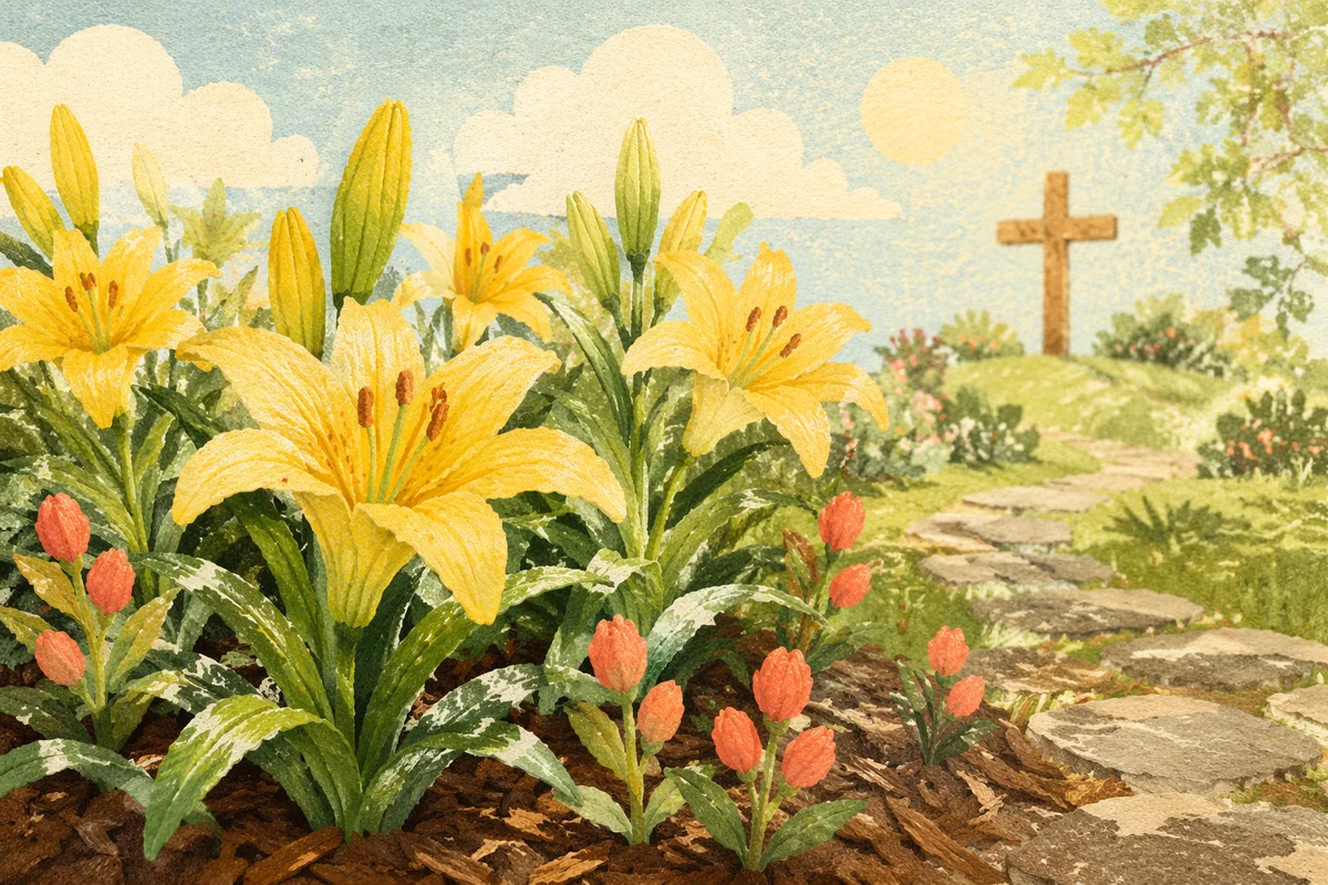 Easter Lilies Garden with Wooden Cross