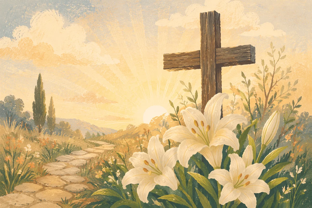 Easter Garden Lilies Beside Wooden Cross