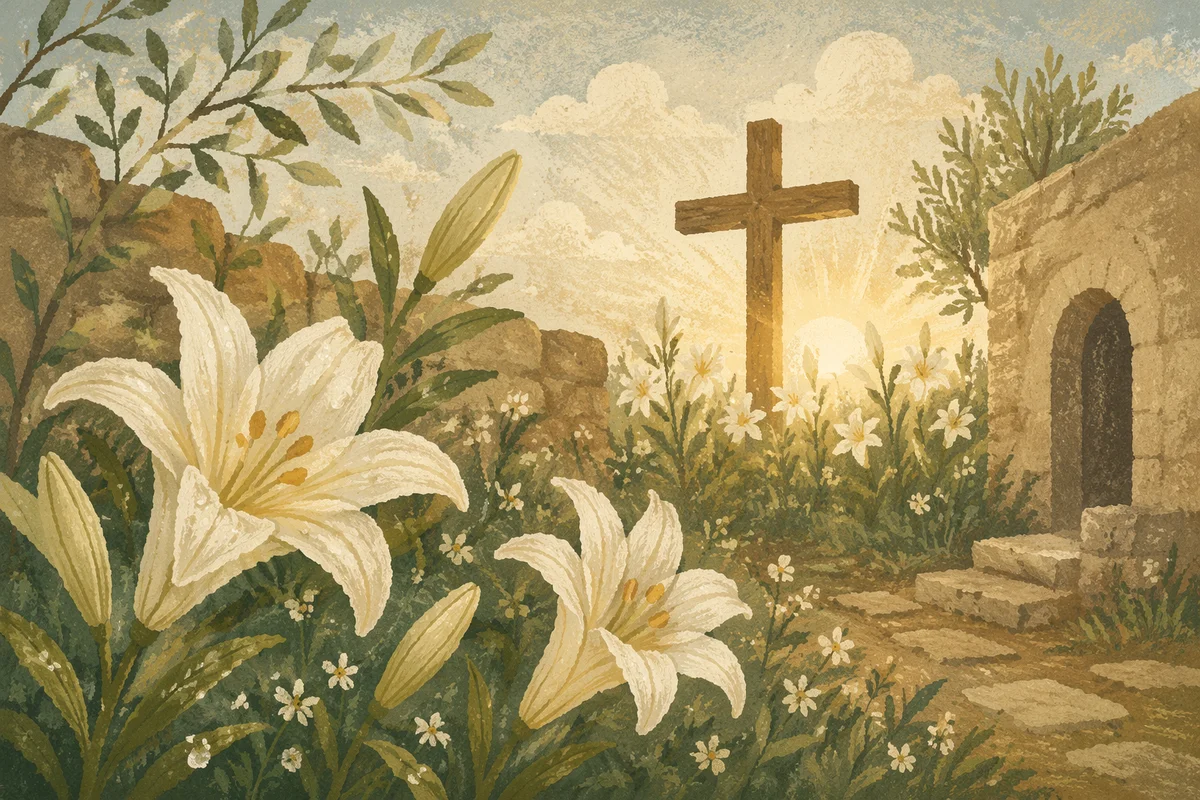 Easter Garden Lilies Before Wooden Cross