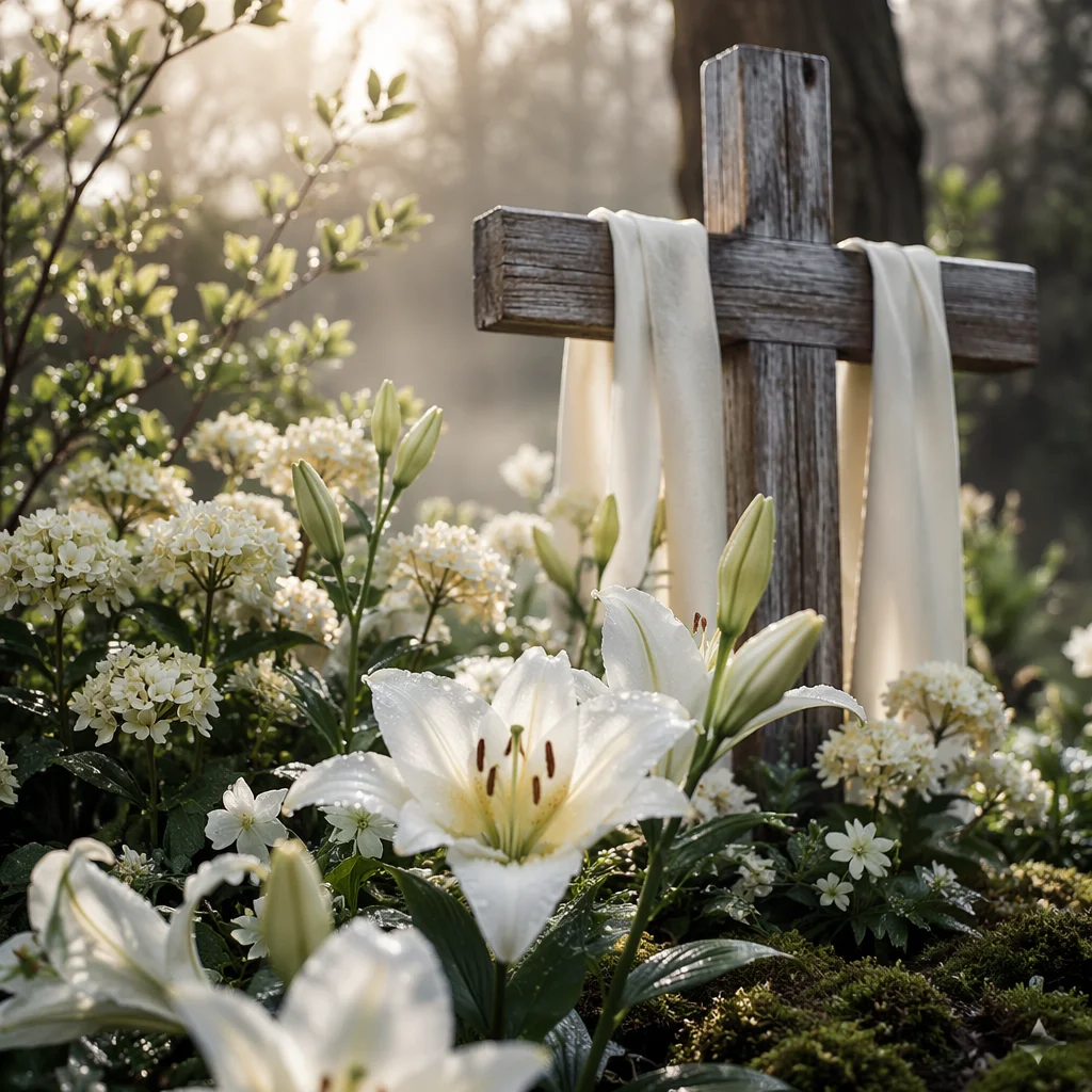 Peaceful Easter Garden with Lilies and Cross