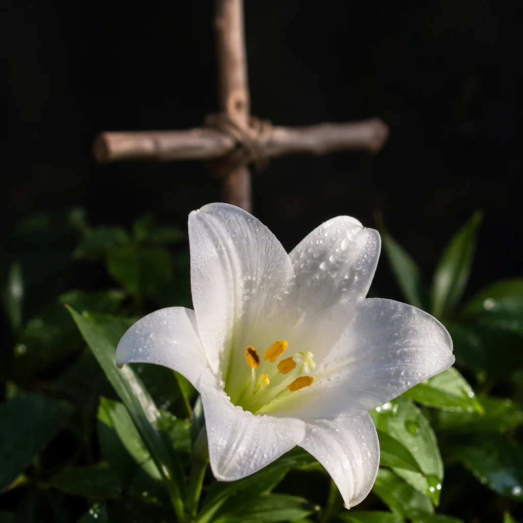 Easter Lily Garden With Rustic Cross