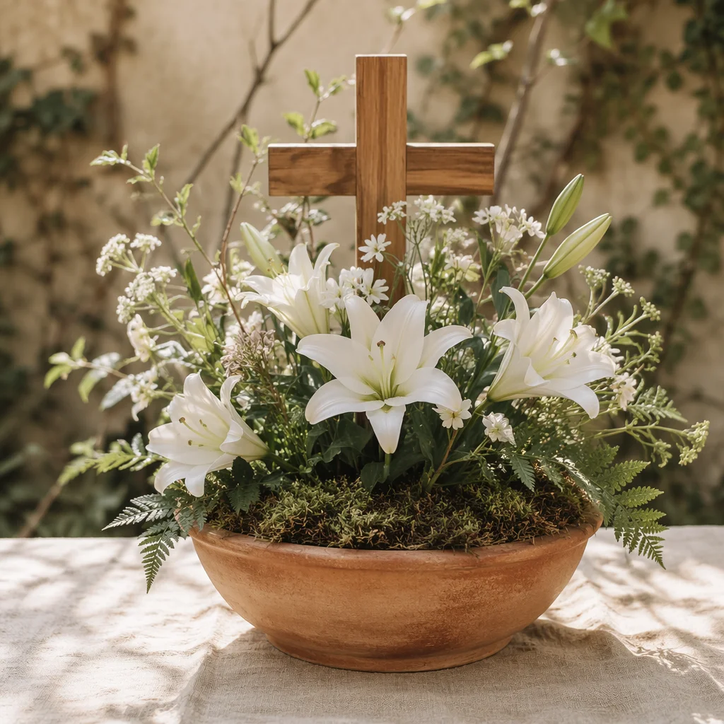 Easter Lilies and Wooden Cross Garden