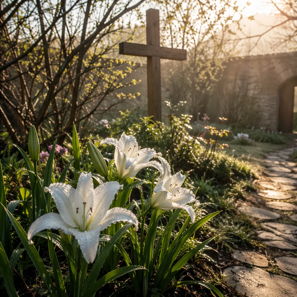 Easter Garden Cross with Blooming White Lilies
