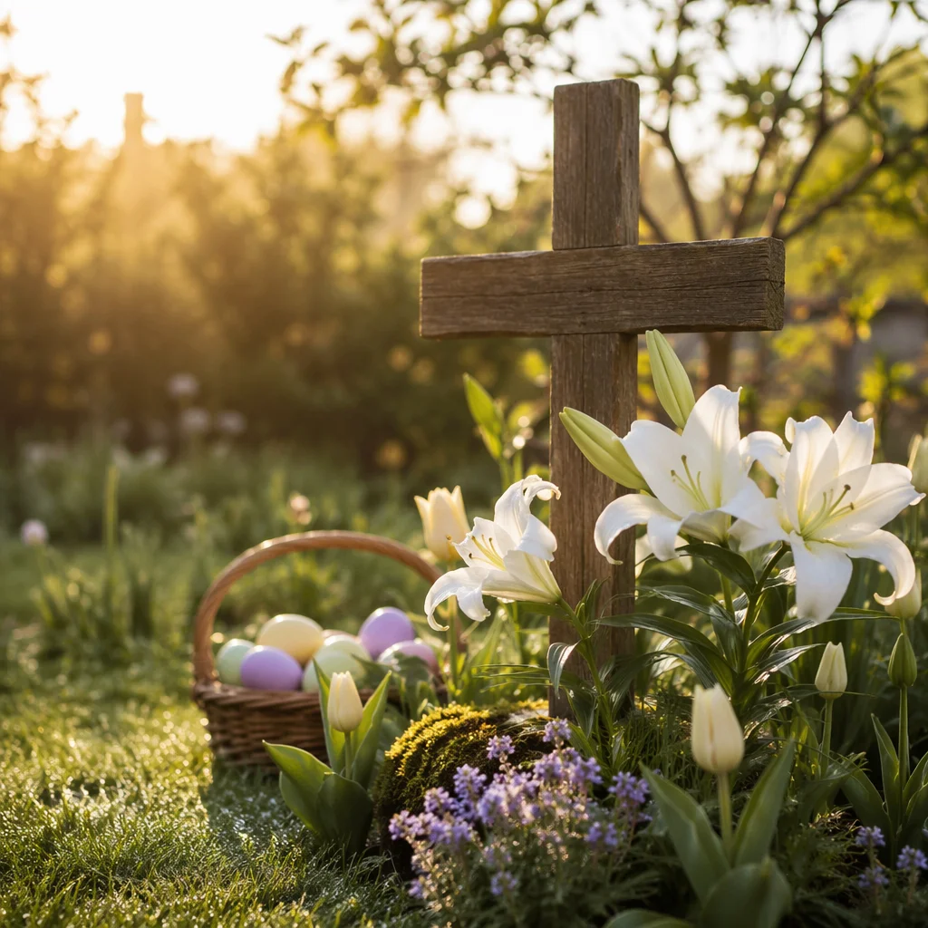 Easter Sunrise Garden with Lilies and Cross