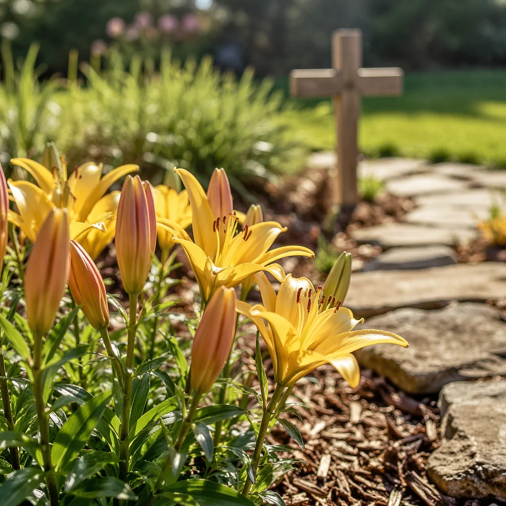 Easter Lilies Beside a Wooden Cross