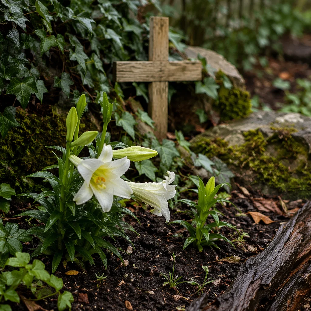 Peaceful Easter Garden Lilies and Wooden Cross