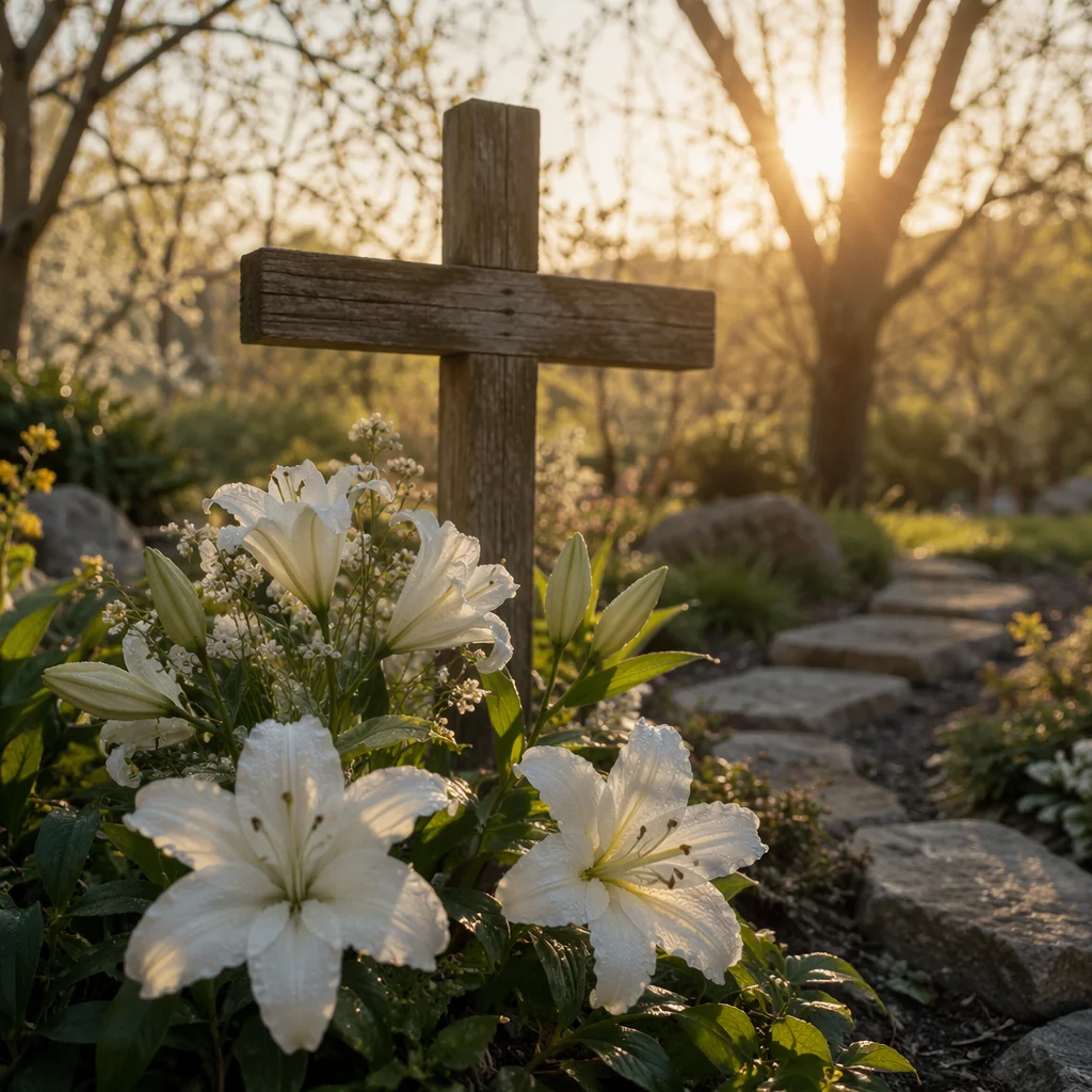 Easter Garden Lilies Before Wooden Cross