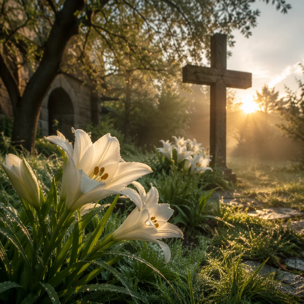 Easter Lilies Before Weathered Chapel Cross