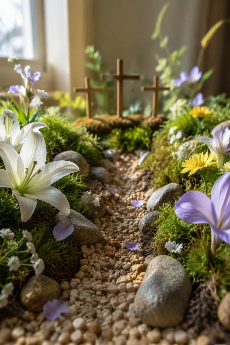 Easter Garden Path with Lilies and Crosses