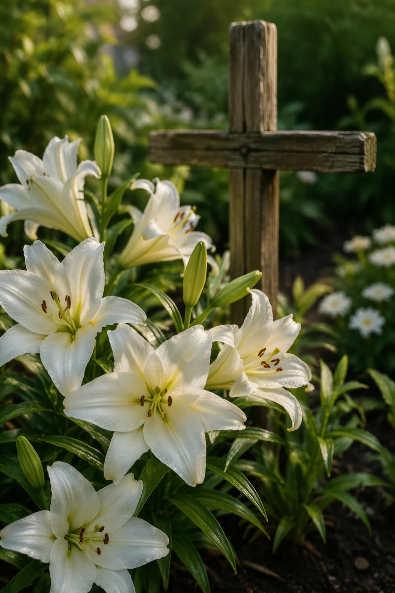Easter Garden Lilies Around Wooden Cross