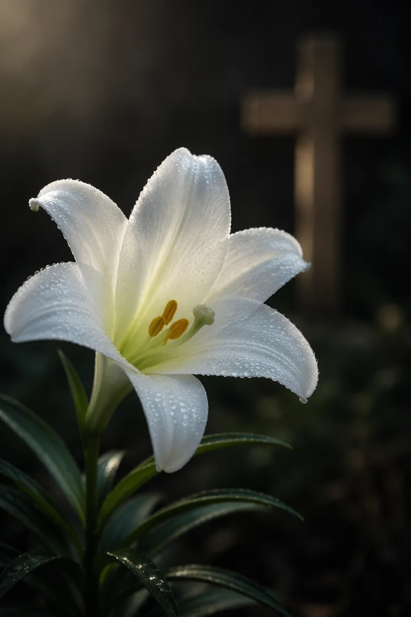Dewy Easter Lily With Wooden Cross