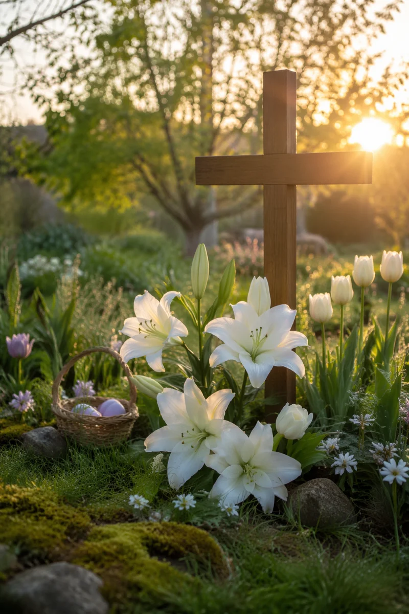 Easter Sunrise Garden with Lilies and Cross